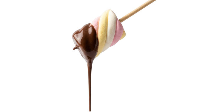 A skewer with a sweet marshmallow partially dipped in rich liquid chocolate isolated on transparent background