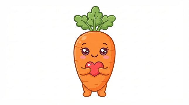 Cute cartoon carrot character holding a red heart isolated on white background