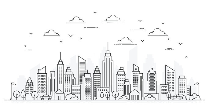 Thin Line City Skyline Panorama with Urban Buildings Cars and Street Vector Illustration