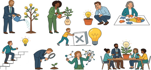 Fototapeta premium Business concept creation character set with creative innovation lightbulb tree puzzle solving strategy vector