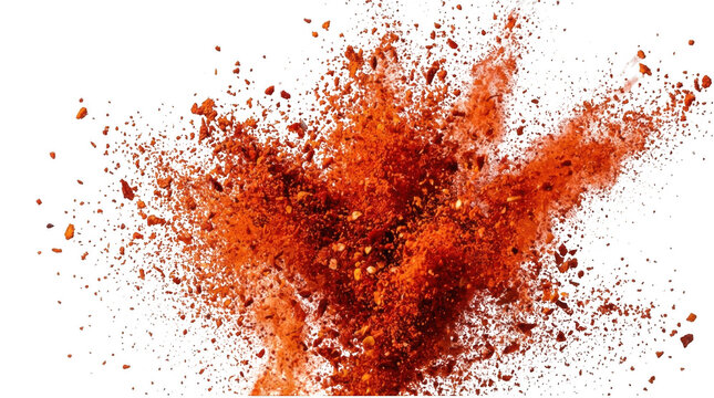 Red chili pepper powder explosion isolated on transparent background