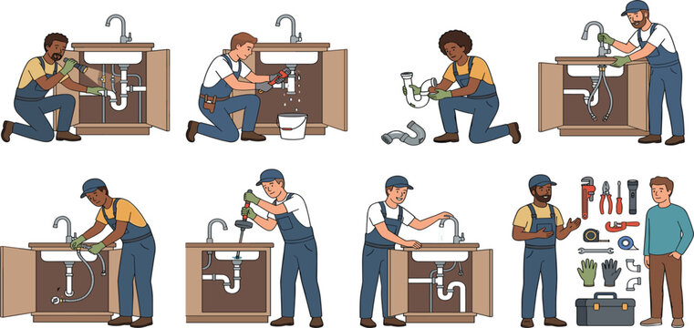 Plumber service set with technician character fixing kitchen sink water pipe repair tools illustration vector