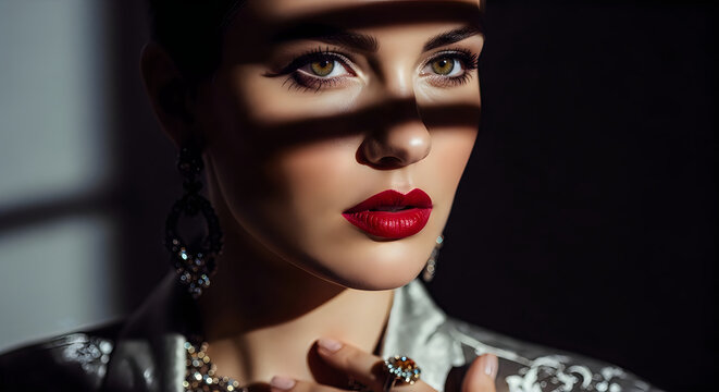 Portrait of a beautiful woman with red lips and dramatic shadow lighting on her face