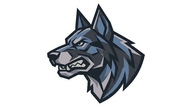 Fierce blue and black wolf head logo design with sharp teeth.