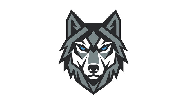 Stylized geometric wolf head illustration with sharp lines and intense eyes.