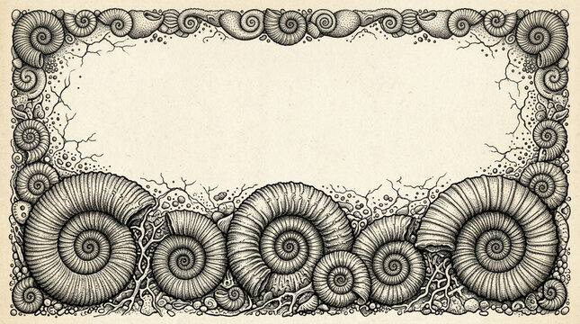 Decorative frame with hand drawn ammonite fossil shells in a vintage artistic line art style