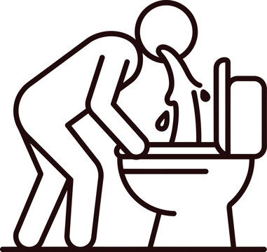 Person leaning over toilet vomiting sickness vector icon with toilet bowl