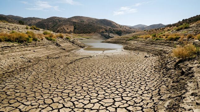 Dry cracked earth and receding reservoir water in arid valley