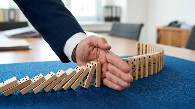 Stopping the Domino Effect: A businessman's hand intervenes, halting a cascading line of dominoes, symbolizing crisis management and risk mitigation in a professional setting.