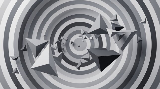 Abstract 3D geometric composition featuring floating pyramids and triangles inside a hypnotic grey spiral tunnel, monochrome optical illusion, futuristic technology