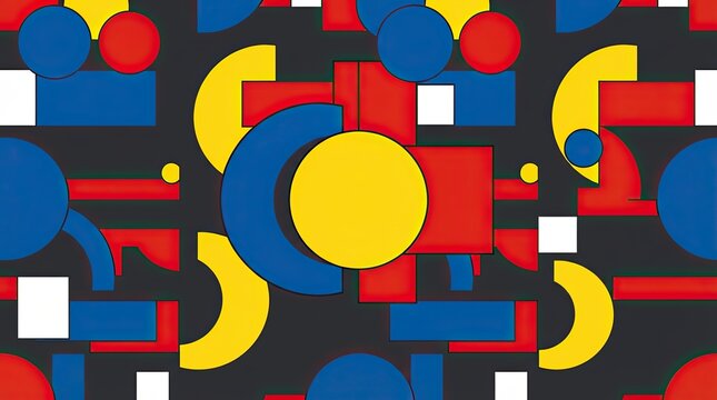 Abstract geometric pattern with colorful circles and rectangles on black