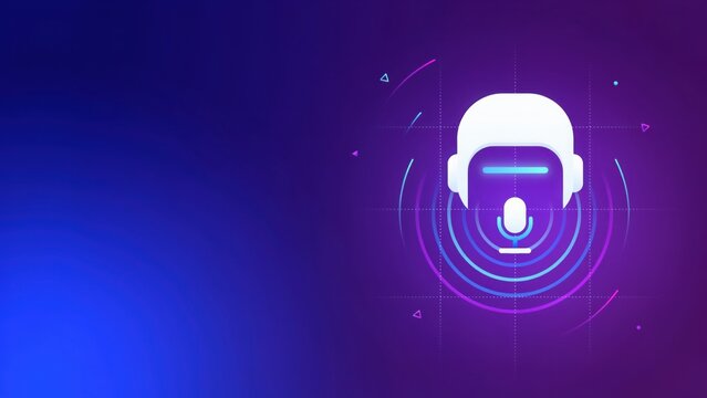 Isolated head icon with microphone and headphones on purple tech background