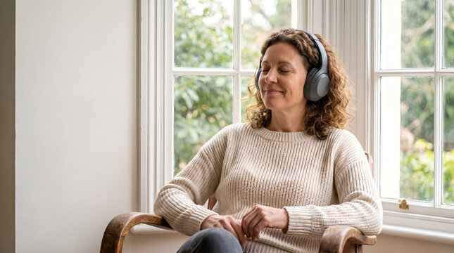 Smiling woman with eyes closed listening to music by window