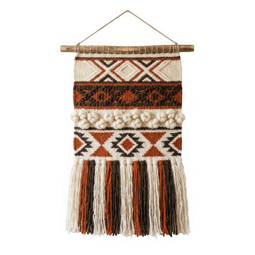 Boho style woven wall hanging with geometric patterns and fringe isolated on transparent background