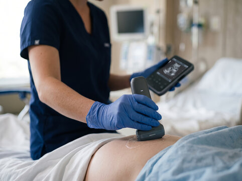 Doctor Using Handheld Ultrasound Scanner on Bedside Patient