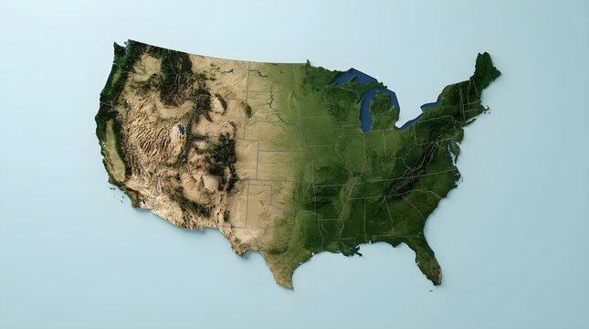 3D rendered relief map of the United States featuring detailed topographical terrain, mountains, and plains isolated on a light blue background, showcasing North American geography.