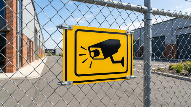 Yellow CCTV warning sign on chain link fence