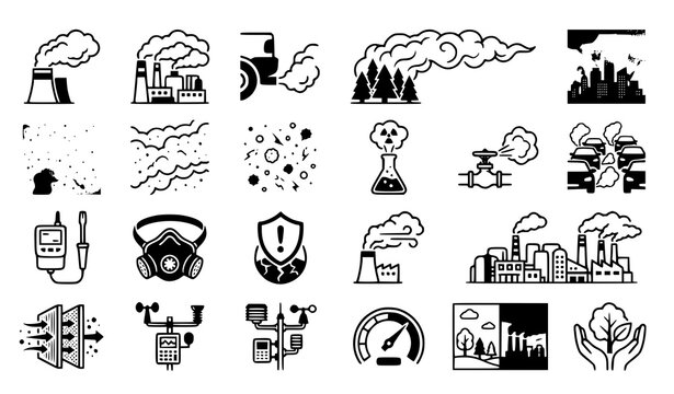 Air Pollution and Industrial Smoke Hand Drawn Icon Set Vector Illustration with Factory Chimney Mask Gauge and Toxic Cloud Icons