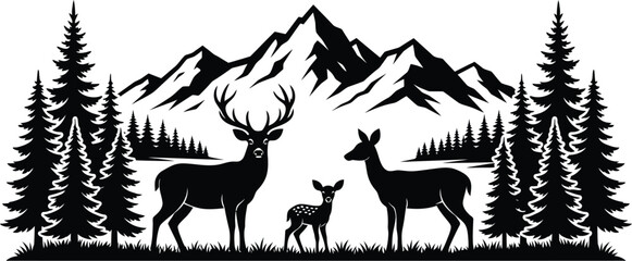 Fototapeta premium Elk silhouette stands atop a rocky outcrop with evergreen trees against a white background 