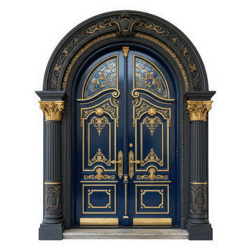 Ornate blue double door with gold accents and stained glass isolated on transparent background