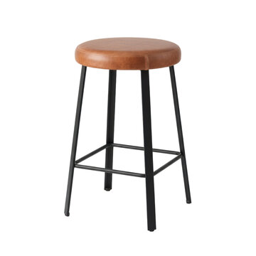 Modern industrial bar stool with weathered cognac leather seat and geometric matte black steel frame against a transparent background, refined furniture design