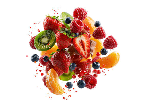 Fresh mixed fruit explosion with strawberries, raspberries, kiwi and blueberries isolated