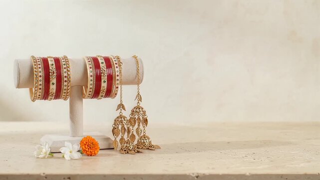 Indian wedding traditional bridal bangles and gold kaleera set on display