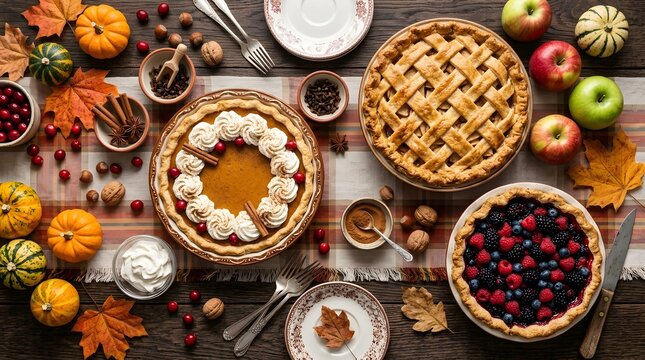 Top view of a thanksgiving table setting with various pies, pumpkins, apples, nuts, and autumn leaves on a rustic wooden background