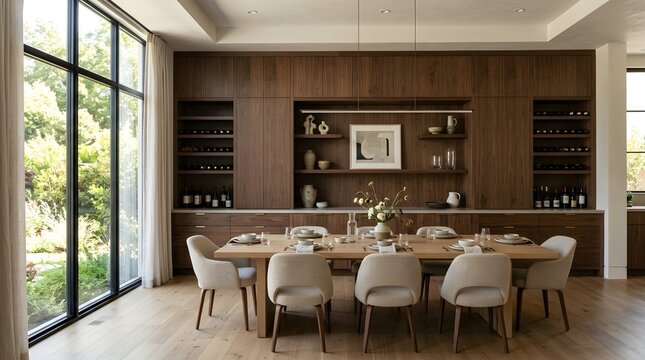 Dining room interior with built-in buffet cabinetry and wooden table