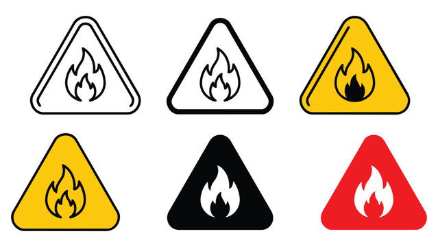 Set of flammable hazard warning signs with fire flame icons in triangular shapes flammable triangle combustible temperature emergency protection