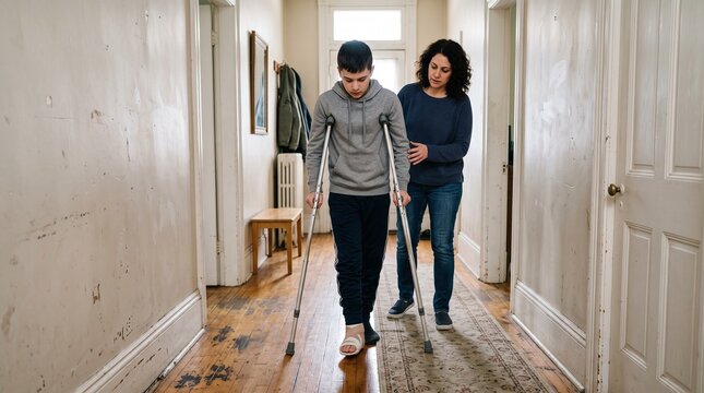Mother helps her injured son walk with crutches down a hallway