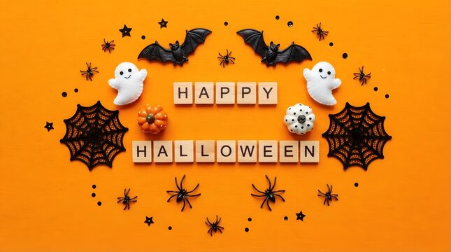 Flat lay composition with happy halloween text made of wooden tiles, surrounded by felt ghosts, plastic spiders, bat decorations, and spider webs on orange