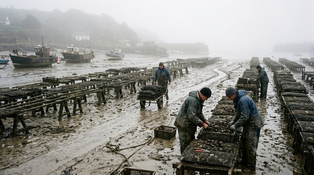 Oyster farmers working on muddy shore during low tide with boats in background