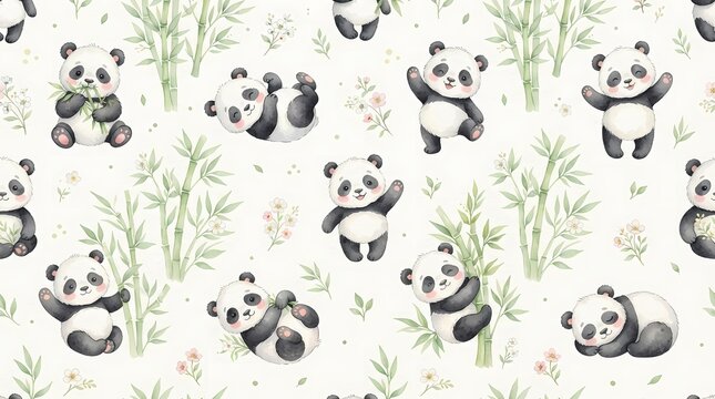 Cute panda seamless pattern with bamboo watercolor illustration for nursery wallpaper