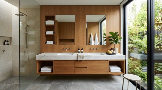 Luxurious spa bathroom interior with double vanity and wooden cabinet