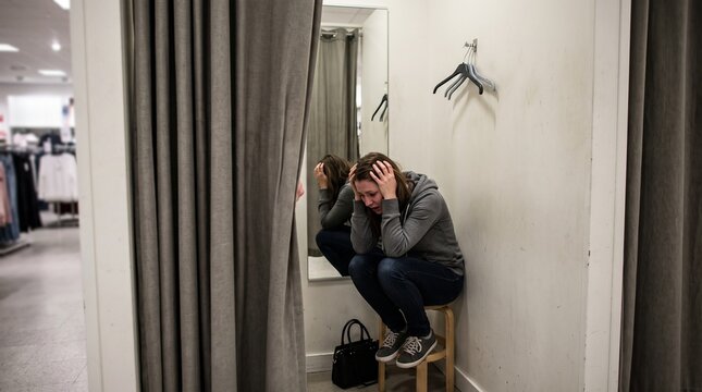 Distressed woman crying in a clothing store fitting room overwhelmed by shopping pressure
