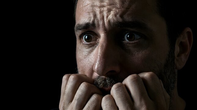 Close up portrait of a terrified man expressing intense fear and anxiety with wide eyes and hands near mouth against a dark background, illustrating panic attack or mental distress.