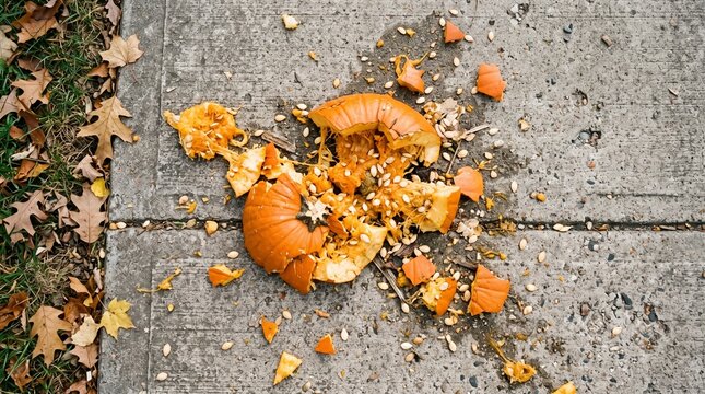 Crushed Pumpkin Remains Scattered on Concrete Sidewalk with Autumn Leaves