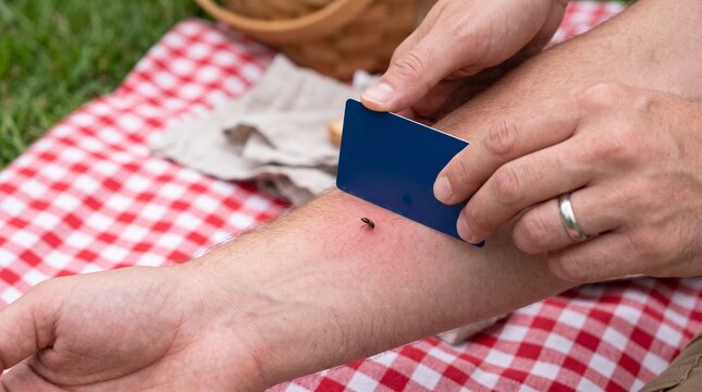 Man scraping mosquito bite on arm with credit card during outdoor picnic on checkered blanket