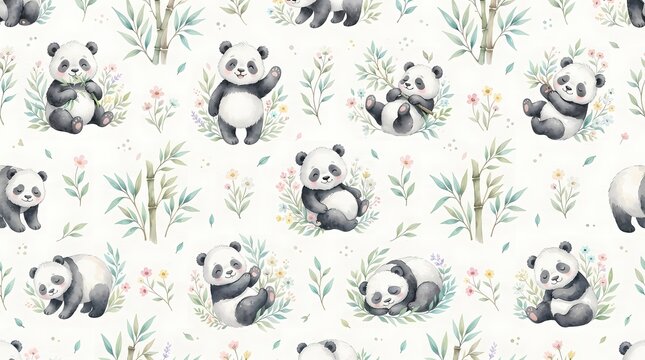 Cute panda seamless pattern with bamboo and flowers in watercolor style