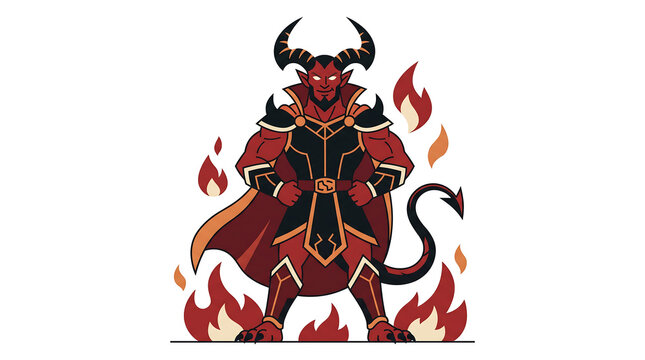 Illustration of a demonic figure surrounded by flames.