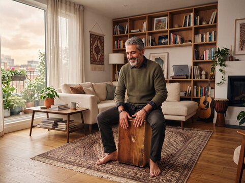 Mature Middle Eastern man playing cajon drum in sunlight