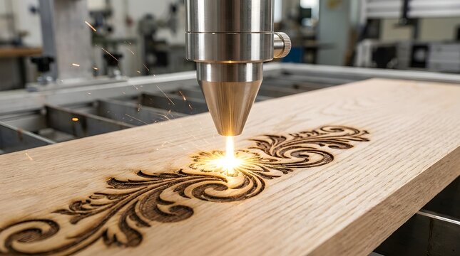 Industrial laser engraving machine carving intricate floral pattern on wood surface with glowing light and sparks, precision woodworking technology for decorative craftsmanship.