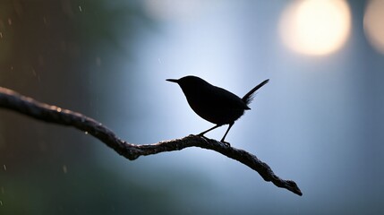 Naklejka premium Silhouette wren bird perched on branch in rain