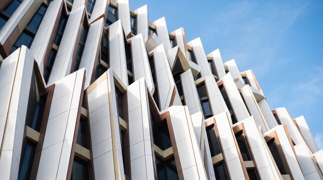 Parametric modern building facade featuring intricate wooden slats arranged in a geometric pattern against a clear sky.
