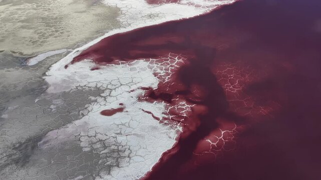 Aerial view of the Great Salt Lake showing the striking contrast between the deep red water and the white salt crust formations in Salt Lake City, Utah, United States.