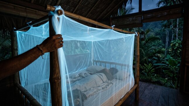 Person sleeping under mosquito net in tropical jungle hut at night with lush green foliage visible outside