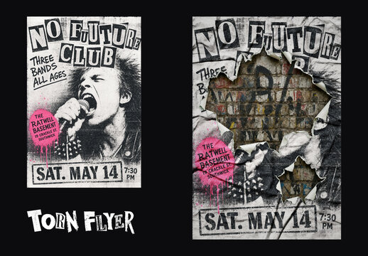Torn Poster Mockup - Ripped Punk Gig Flyer on Graffitied Brick