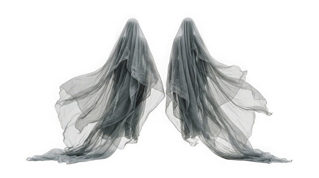 Ghostly phantom figures in flowing veils isolated on transparent background