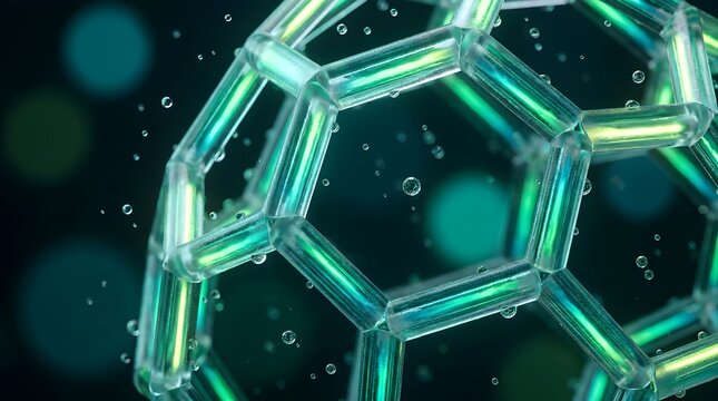 Glowing green hexagonal lattice structure 3D render representing molecular fullerene or nanotechnology with floating droplets on dark bokeh background.